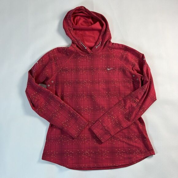 Nike Dri Fit Hoodie Womens XL Running Red AOP Thumbholes Vented Reflective - Picture 1 of 14
